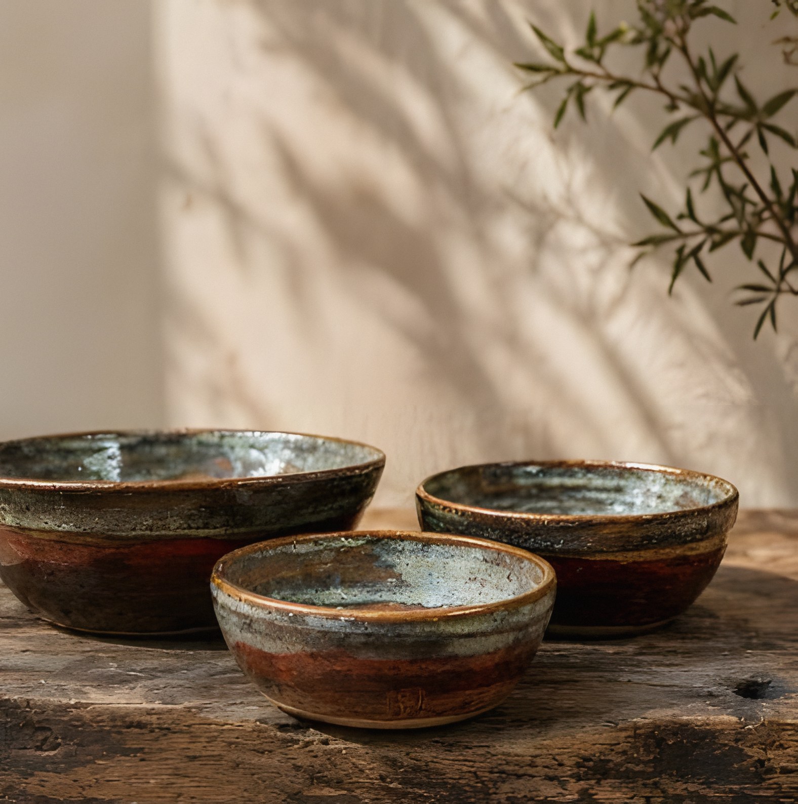 Three handmade glazed bowls on a rustic wooden block